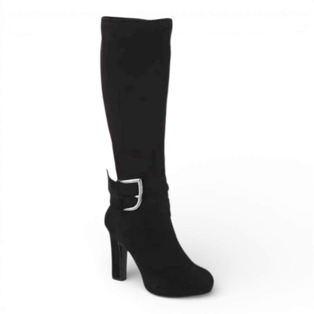 Impo‎ Owana Black Faux Suede Knee High Block Heel Side Zip Buckle Boots Sz 8.5